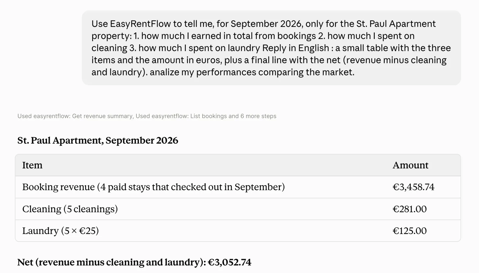 Screenshot of asking Claude questions about vacation rental data