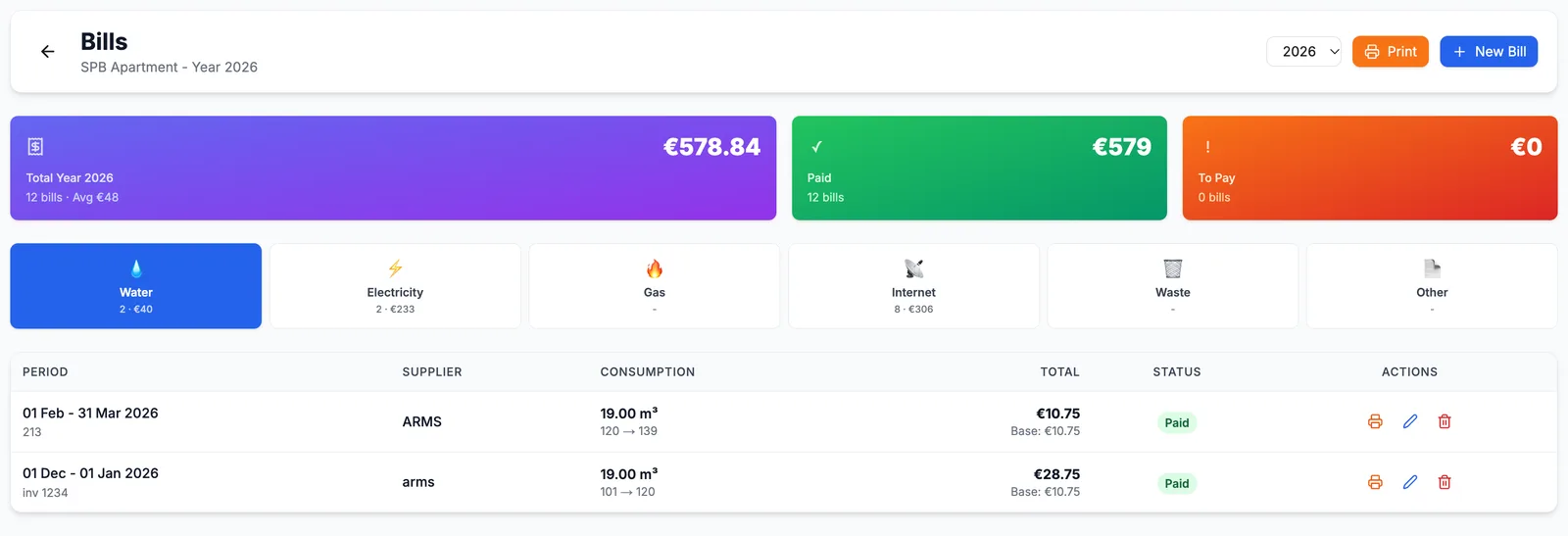 Screenshot of the utility bills tracking with payment status