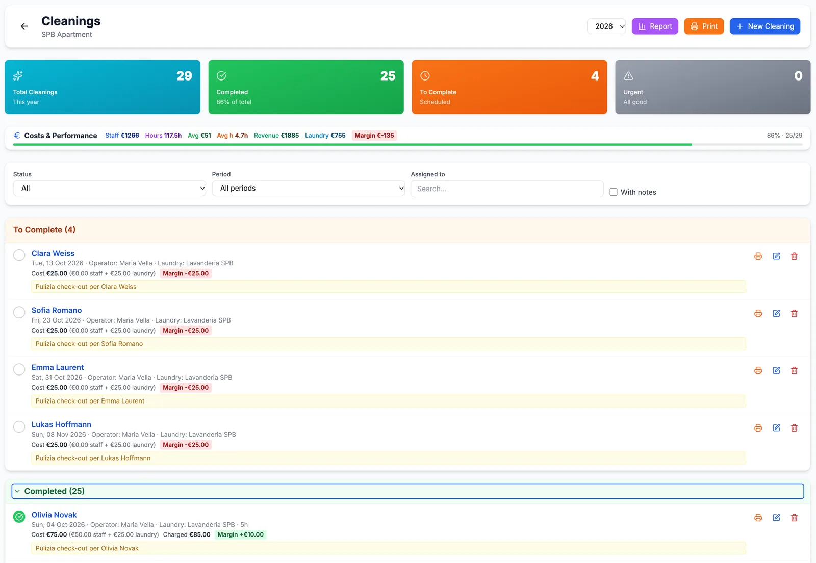 Screenshot of the automated cleaning schedule view