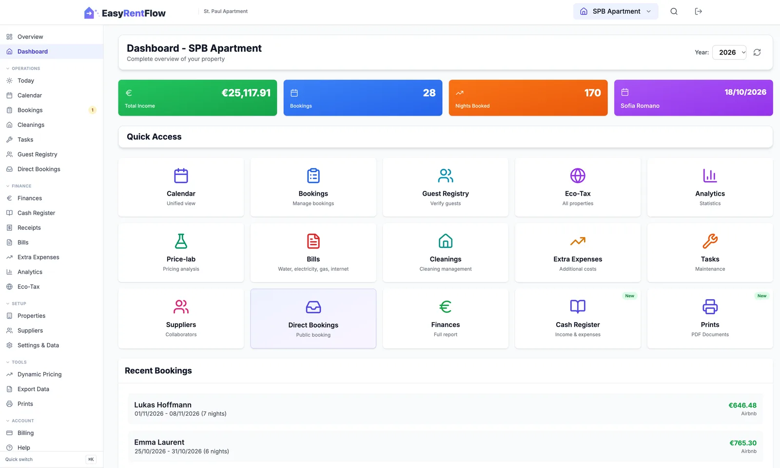 EasyRentFlow dashboard overview showing bookings, properties, and key metrics