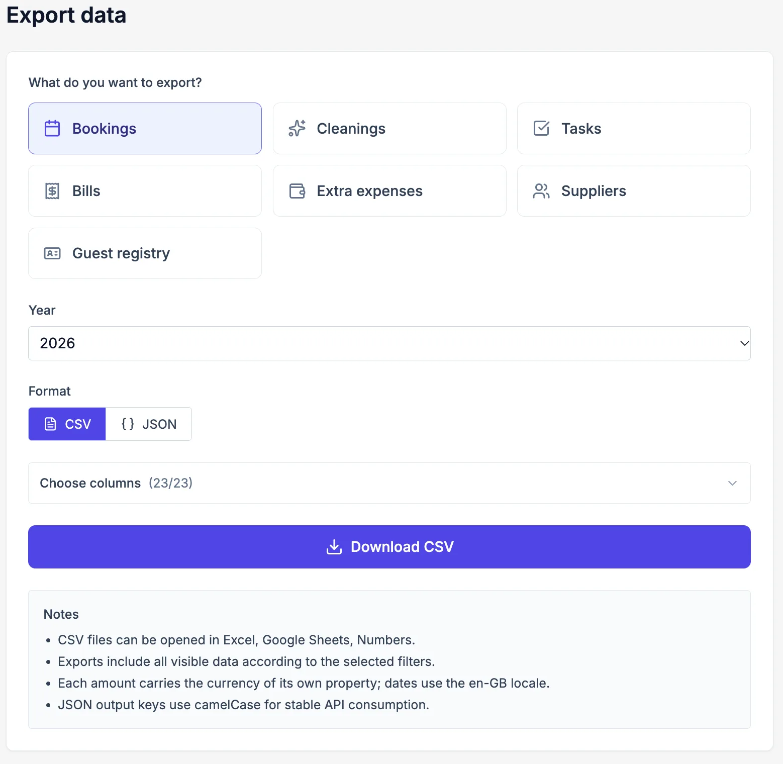 Screenshot of the data export panel with CSV download options