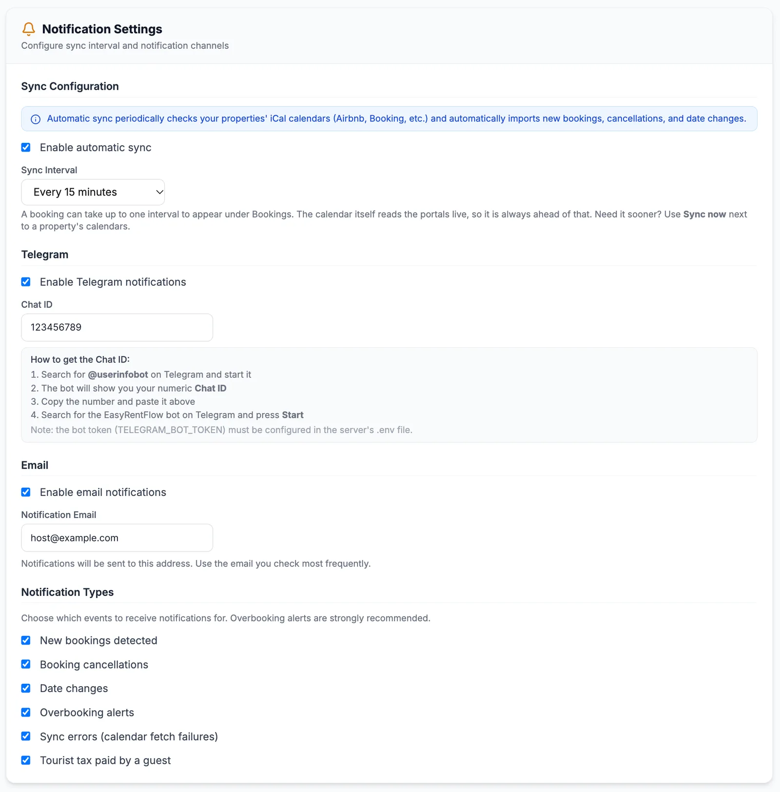 Screenshot of the notification configuration panel