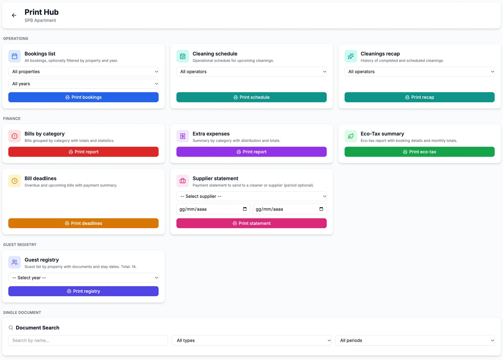 Screenshot of the print center with report preview