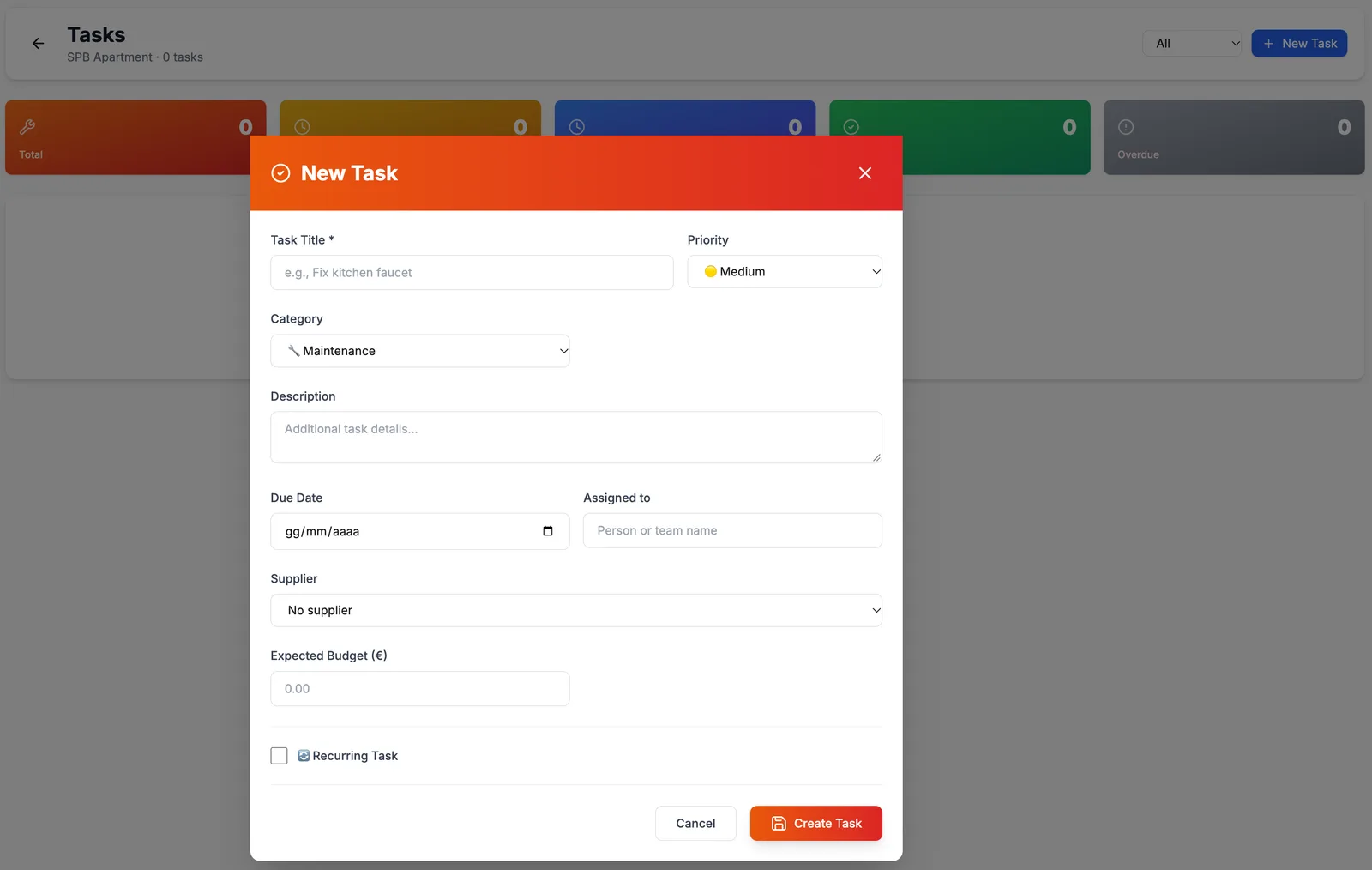 Screenshot of the task manager with priorities and status tracking